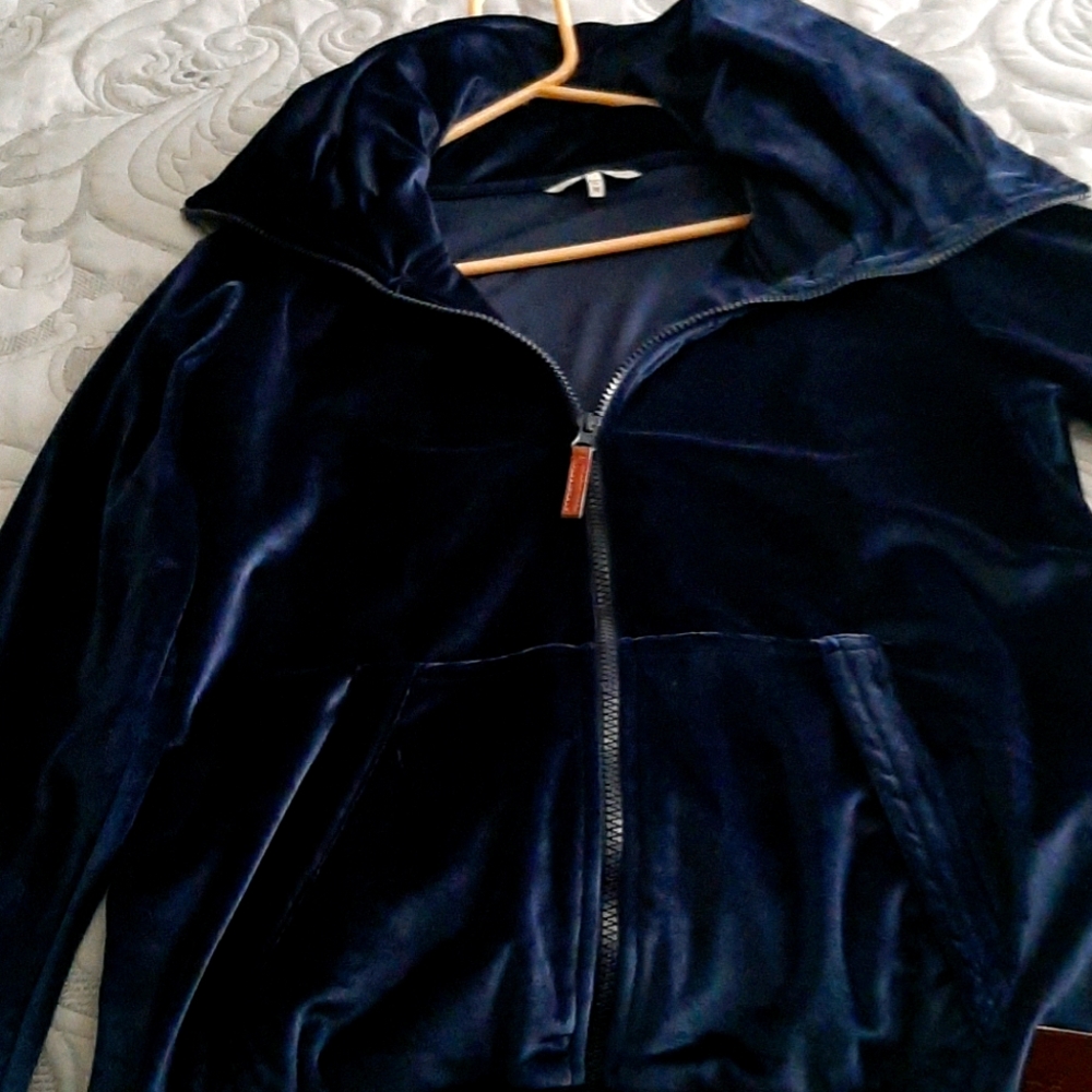 Buckle blue velvet zip up jacket